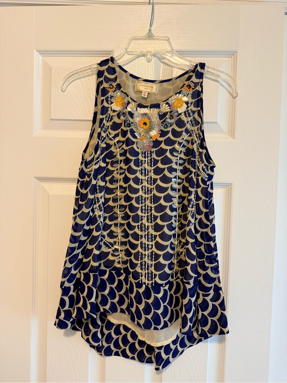 Moulinette Soeurs Navy and Cream Embellished Neckline Top